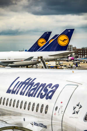 Frankfurt Germany 23.02.19 Lufthansa Airbus twin-engine jet airliner standing at the fraport airport waiting for flightのeditorial素材