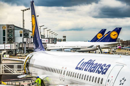 Frankfurt Germany 23.02.19 Lufthansa Airbus twin-engine jet airliner standing at the fraport airport waiting for flightのeditorial素材