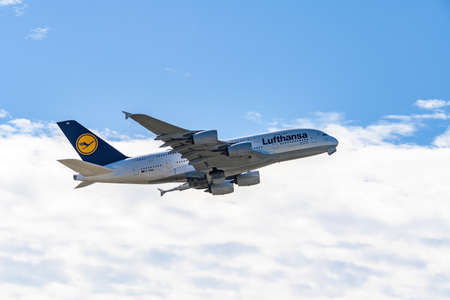 Frankfurt Germany 11.08.19 Lufthansa Airbus A380 4-engine jet airliner starting at the fraport airport takeoffのeditorial素材