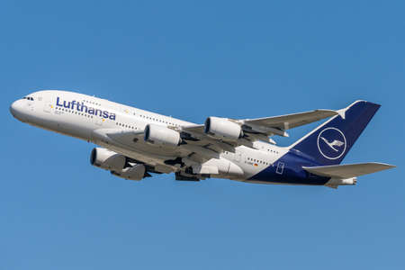 Frankfurt Germany 11.08.19 Lufthansa Airbus A380 4-engine jet airliner starting at the fraport airport takeoffのeditorial素材