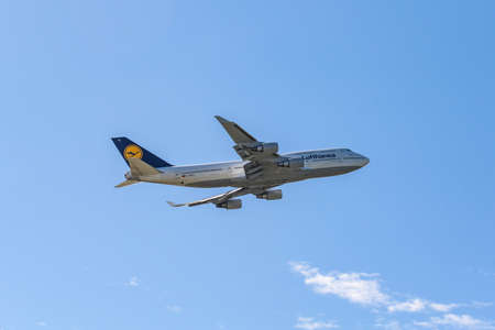 Frankfurt Germany 11.08.19 Lufthansa Boeing 747 Jumbo Jet 4-engine jet airliner starting at the fraport airport takeoffのeditorial素材