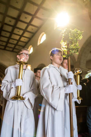 Rieden Germany 15.04.2018 The procession around the church on a religious holiday of the first communion of childrenのeditorial素材