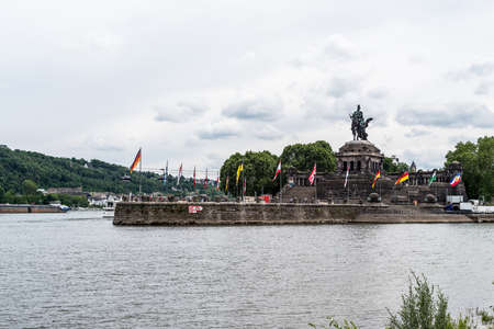 Koblenz City Germany 06.06.2019 historic monument german river rhine and mosele flow together on a sunny dayのeditorial素材