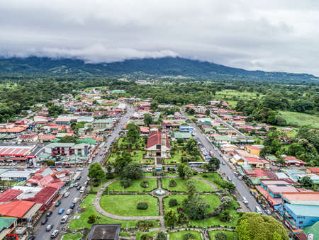 La Fortuna village, Costa Rica 12.11.19 - Aerial view of town and Church on the Parque Central squareのeditorial素材