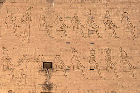 ancient egyptian architecture ruins. hieroglyphs and columns of the Temple of Horus at Edfu, in...