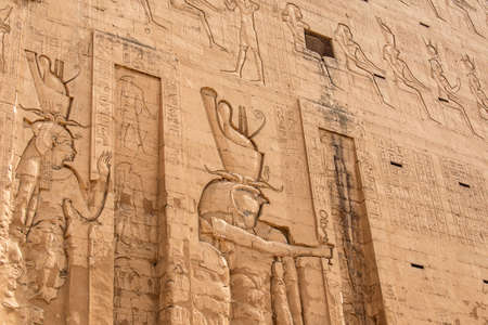 ancient egyptian architecture ruins. hieroglyphs and columns of the Temple of Horus at Edfu, in Egypt.の写真素材