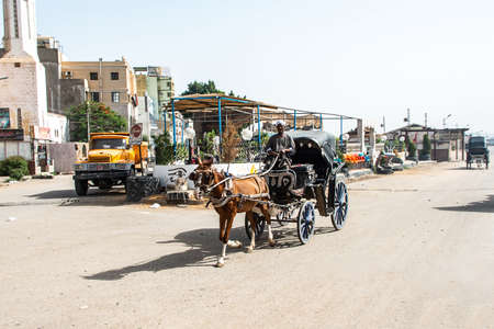 EDFU, EGYPT 19.05.2018 local Horse Carriage for tourists near the dock and the Horus Temple tour excursionのeditorial素材