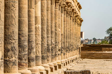 Columns in the temple of Isis from Philae at its current location on Agilkia Island in Lake Nasser,...