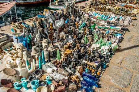 Marina Philae EGYPT 20.05.2018 Egyptian Souvenier stand at Tourists boat harbour to Philea temple...
