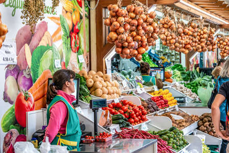 FUNCHAL, PORTUGAL 27.10.2018 Fresh exotic vegetables on famous market in Funchal Mercado dos Lavradores Madeira islandのeditorial素材