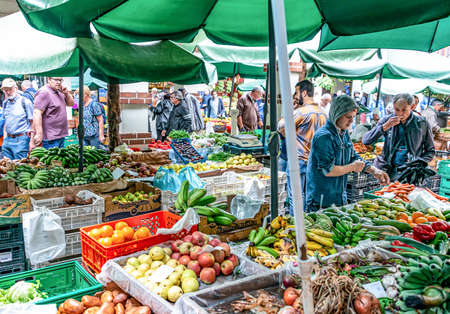 FUNCHAL, PORTUGAL 27.10.2018 Fresh exotic fruits on famous market in Funchal Mercado dos Lavradores Madeira islandのeditorial素材