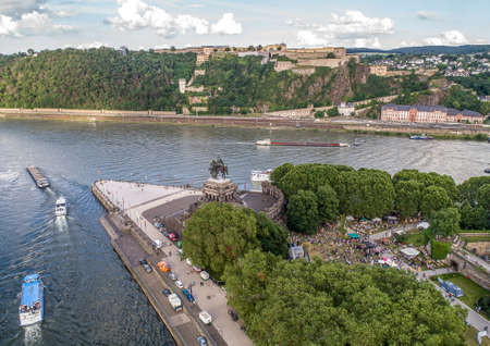 Koblenz City Germany 14.06.2019 Event Electronic wine at historic monument German Corner on a sunny...