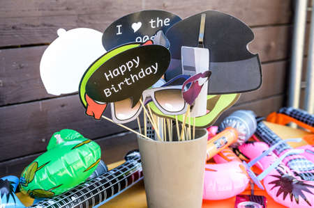 Retro Party set Glasses, lips, mustaches, design photo booth party happy birthday funny pictures.