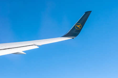 Frankfurt Germany 18.11.19 Condor Air wing of airplane in the sky winglet blue sky cloudsのeditorial素材