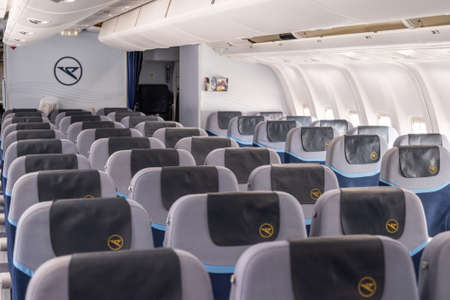 Frankfurt Germany 18.11.19 Condor Air airplane interior seat rows with logo inside a Boeing Airplane