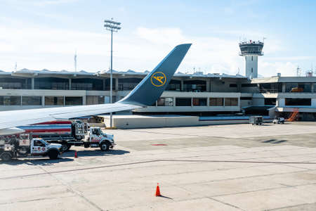 Frankfurt Germany 18.11.19 Condor Air wing of airplane winglet in front of the Airport Building.