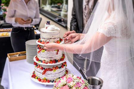 Groom and bride marriage Cutting the delicious fruity Wedding Cake together colorful fruitsの写真素材