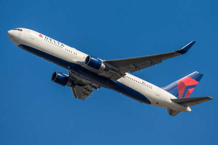 FRANKFURT GERMANY 11.08.2019 USA Delta AIRLINES Boeing 767-332 approaching to fraport airport on...