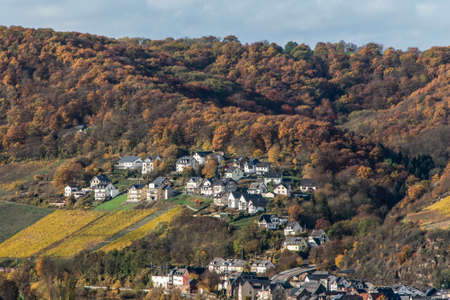 village between Beautiful orange and red autumn forest, many trees on the orange hills germany rhineland palantinoの写真素材