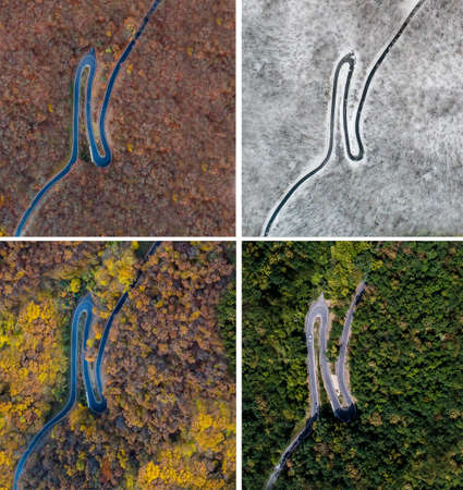 Seasons Concept summer winter fall spring Aerial view Winding road serpentine mountain pass village Brodenbach Germanyの写真素材