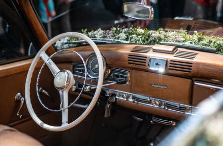 Ochtendung Germany 25.05.2019 Interior Mercedes-Benz 300 Adenauer W186 Cabriolet luxury Oldtimer decorated for weddingのeditorial素材