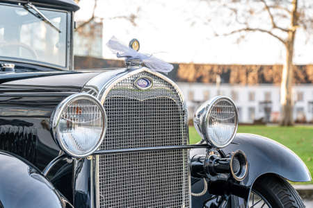 Koblenz Germany 12.12.2019 Front grill of Oldtimer old antique Ford Typ A Tudor Sedan, built at year 1928 during a Wedding Decoratedのeditorial素材