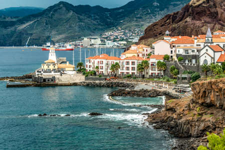 Aerial view of Quinta do Lorde smal village hotel on coast of the Portuguese island of Madeira with...