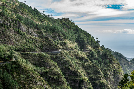 Panoramic mountains view from Eira do Serrado viewpoint on Madeira Island Portugalの写真素材