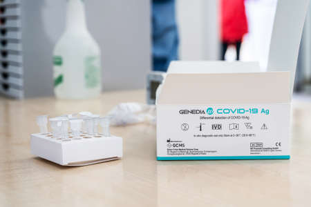 14.04.2021 Geneda Coronavirus COVID-19 diagnostic - swab sample collection kit, test tube for nasal swabbingのeditorial素材