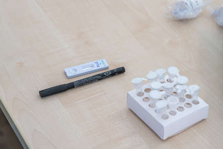 14.04.2021 Geneda Coronavirus COVID-19 diagnostic - swab sample collection kit, test tube for nasal swabbingのeditorial素材