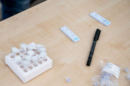 14.04.2021 Geneda Coronavirus COVID-19 diagnostic - swab sample collection kit, test tube for nasal swabbingのeditorial素材