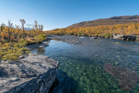 Autum Abisko Canyon River Abiskojakka National Park, Norrbottens, Norrbottens Lapland landscape...