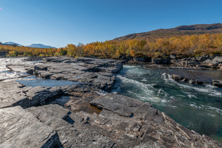 Autum Abisko Canyon River Abiskojakka National Park, Norrbottens, Norrbottens Lapland landscape north of Swedenの写真素材
