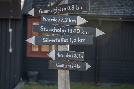 signpost Abisko Sweden Arctic Circle indicates distance and direction to various towns like...