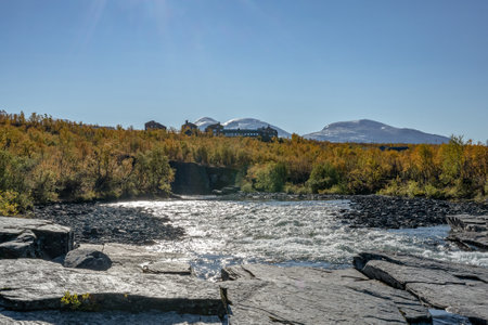 Autum Abisko Canyon River Abiskojakka National Park, Norrbottens, Norrbottens Lapland landscape north of Swedenの写真素材