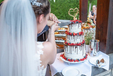 Groom and bride marriage Cutting the delicious fruity Wedding Cake together colorful fruitsの写真素材