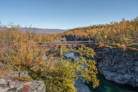 Autum Abisko Canyon River Abiskojakka National Park, Norrbottens, Norrbottens Lapland landscape north of Swedenの写真素材
