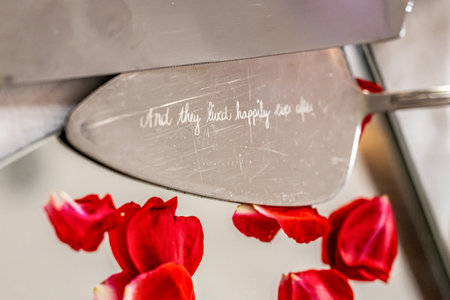 Wedding cake knife tool with text And they lived happily ever after.の写真素材