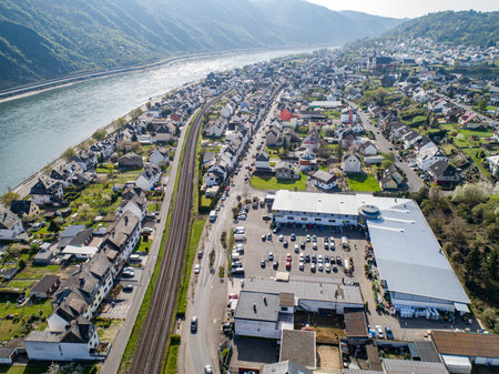 24.04.2021 Bad Salzig Germany Aerial view of village Bad Salzig at the Rhine Riverのeditorial素材