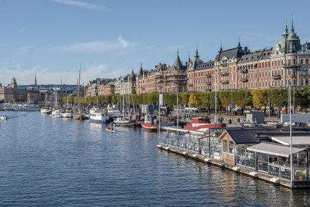 27.09.2021 Sweden Stockholm view of Strandvagen boulevard and Ostermalm district on a sunny dayのeditorial素材