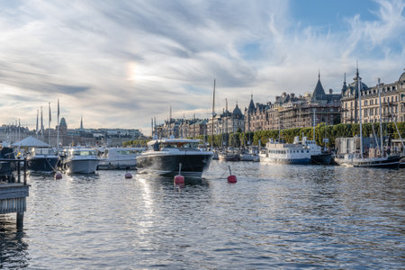 27.09.2021 Sweden Stockholm view of Strandvagen boulevard and Ostermalm district on a sunny dayのeditorial素材