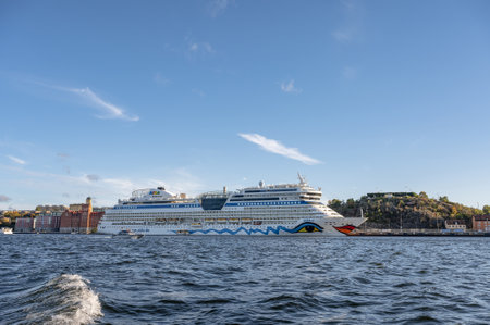 Stockholm Sweden 27.09.2021 Aidasol cruise ship liner at harbor on sunny day AIDA Cruises at pier on island of Sodermalmのeditorial素材