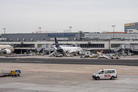 Frankfurt Germany 29.10.19 Lufthansa Airbus twin-engine jet airliner standing at the fraport airport waiting for flightのeditorial素材
