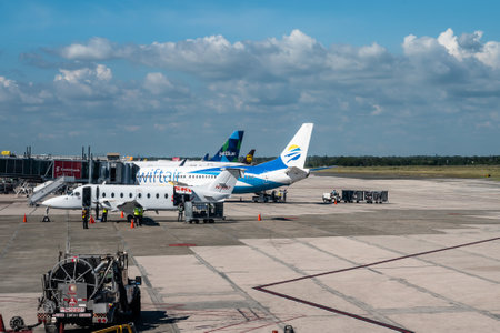 Panama 18.11.19 Swift Air Airline airplane jet starting on the airport ready for takeoffのeditorial素材