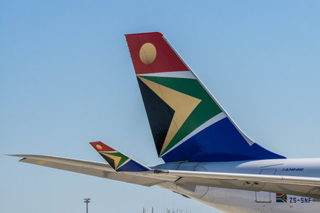 Frankfurt Germany 11.08.19 Close up at tail and winglet of airbus South African Airways A340 on the...