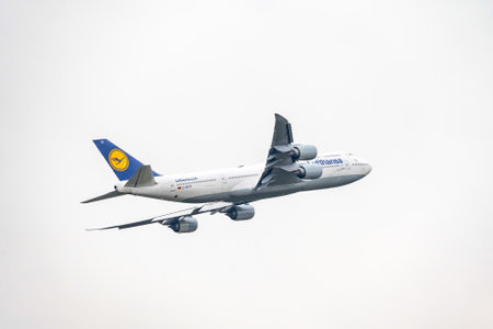 Frankfurt Germany 11.08.19 Lufthansa Boeing 747-830 - B748 departure at Fraport Airport D-ABYDのeditorial素材