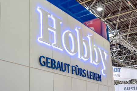 Duesseldorf Germany 01.09.2019 Hobby Logo budget camping manufacturer during the Caravan Salon Exhibitionのeditorial素材