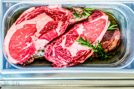 Steaks. Grade A grass fed beef in butchers block. Traditional classic selection meat sold at butcher shopの写真素材