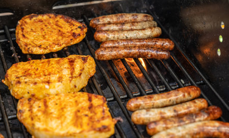 Barbecue grill bbq on propane gas grill steaks bratwurst sausages meat mealの写真素材