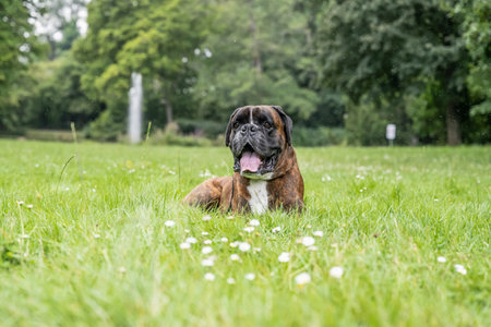 beautiful 3 years old purebred golden brown boxer dog puppy jumping playing outdoorの写真素材